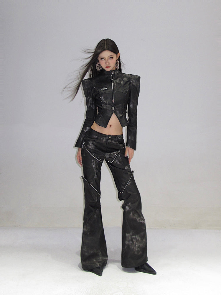 【24s March.】Textured Tie-dye Washed Leather Series (jacket/flared Pants/skirt)