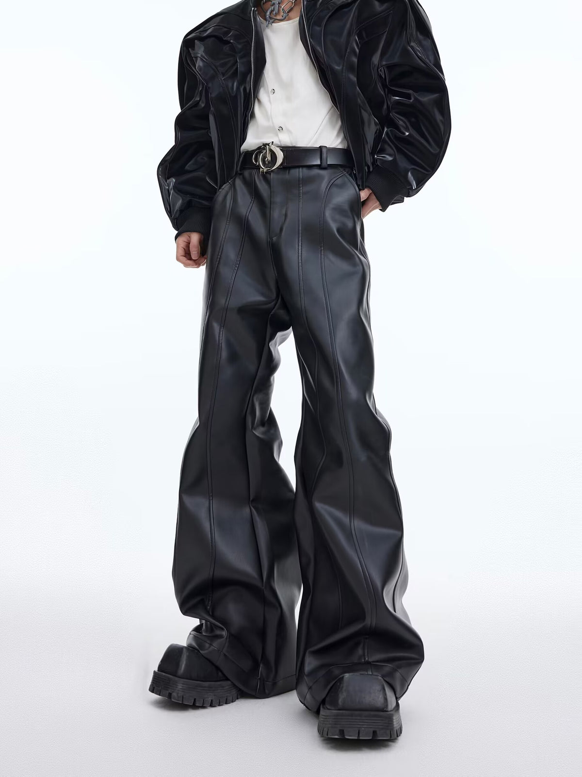 【23s December.】Deconstructed Slim-fit Slightly Flared Leather Pants ArtsKoreanMan