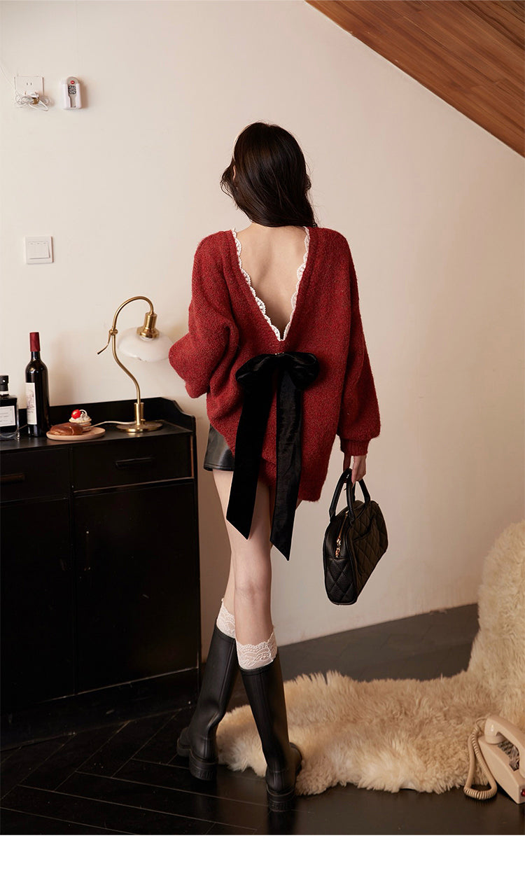 【24s Dec.】Bow Lace Loose Backless Sweater