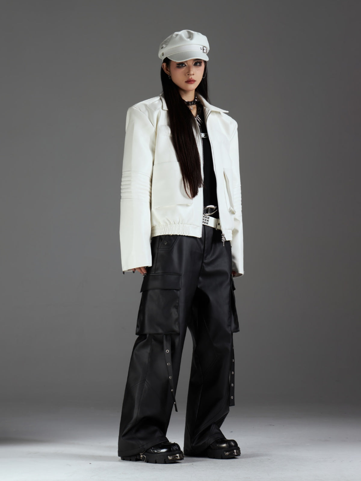 【24s Nov.】Belt-stitched Multi-pocket Leather Cargo Pants