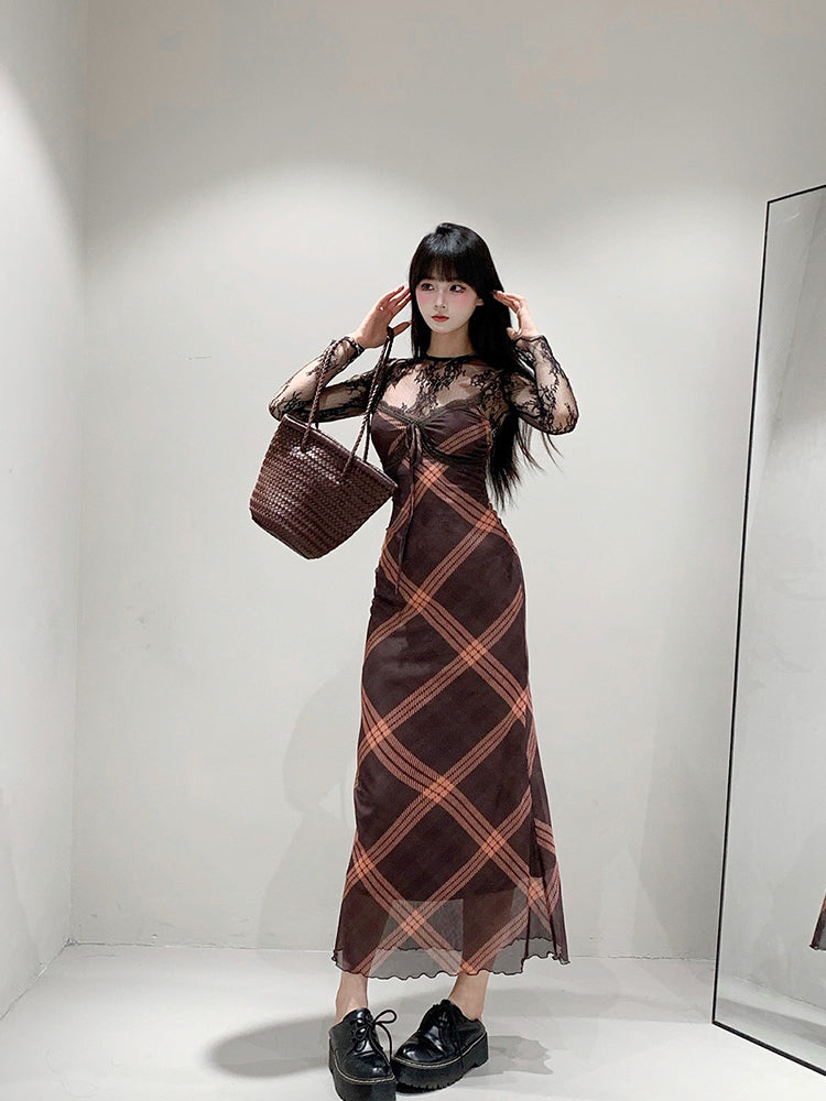 【24s Sep.】Plaid Lace Maxi Dress TrendyStyle101