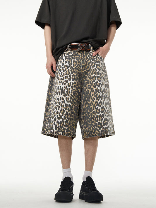 【24s April.】American Wide-leg Leopard Print Denim Shorts