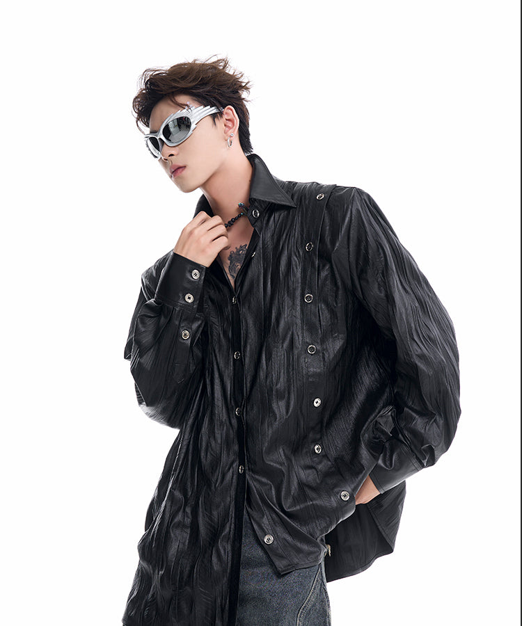 【24s Oct.】Niche Design Textured Patent Leather Metal Button Shirt