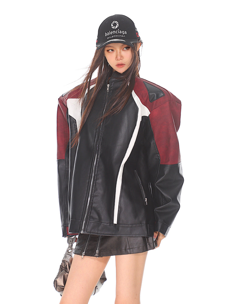 【24s Sep.】Black and Red Contrast Leather Motorcycle Jacket