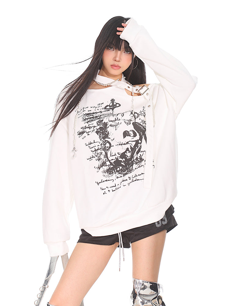 【24s Oct.】Asymmetric Shoulder Graffiti Sweatshirt