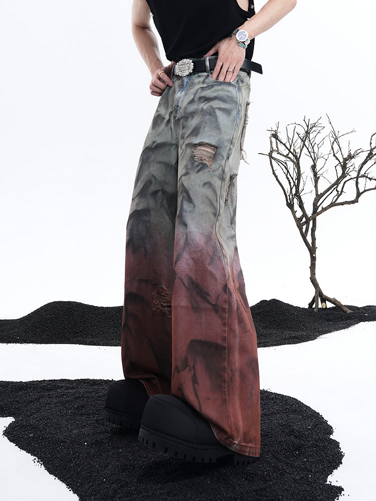 【24s Aug.】3D Ripped Gradient Washed Wide-leg Jeans