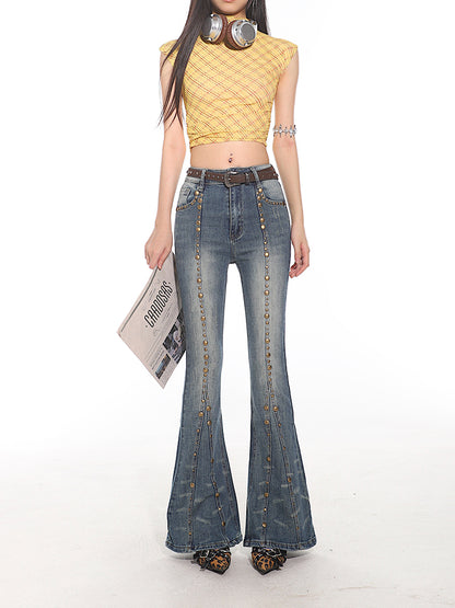 【24s Aug.】Retro Millennium Style Studded Stretch Denim Flare Pants