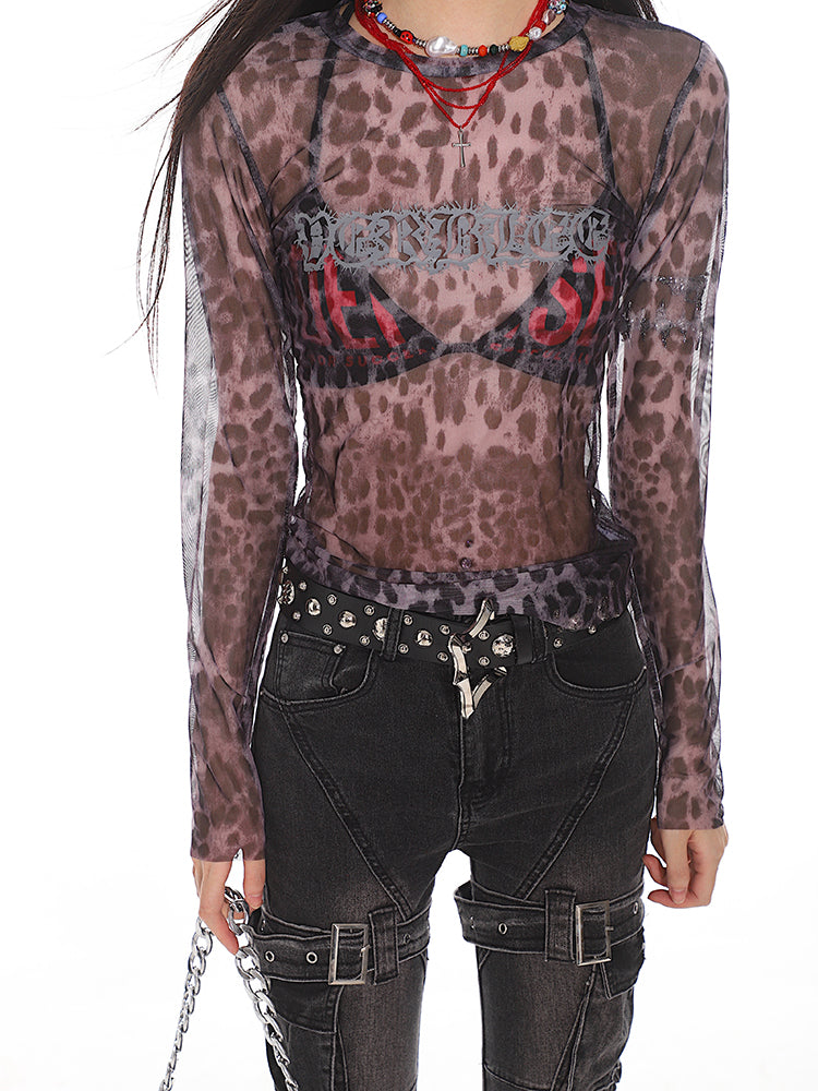 【24s Aug.】Leopard Print Mesh See-through Letter Print Long Sleeves