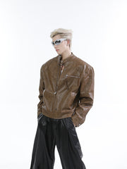 【25s Feb.】Stand Collar Shiny PU Short Leather Jacket