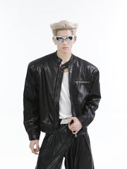 【25s Feb.】Stand Collar Shiny PU Short Leather Jacket