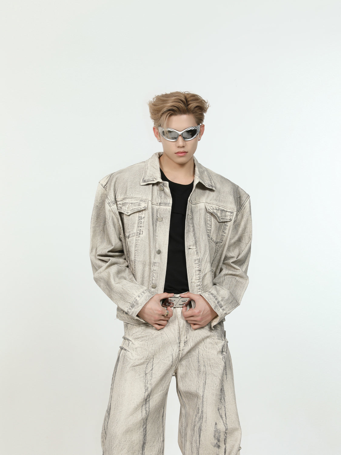 【24s Sep.】Wasteland Style Washed Distressed Denim Jacket + Wide-leg Pants ArtsKoreanMan