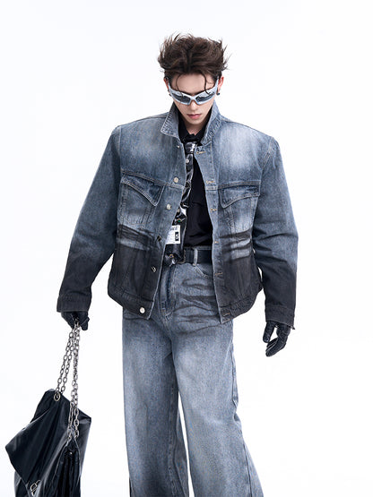 【24s Oct.】Black and Blue Gradient Retro Denim Jacket + Jeans