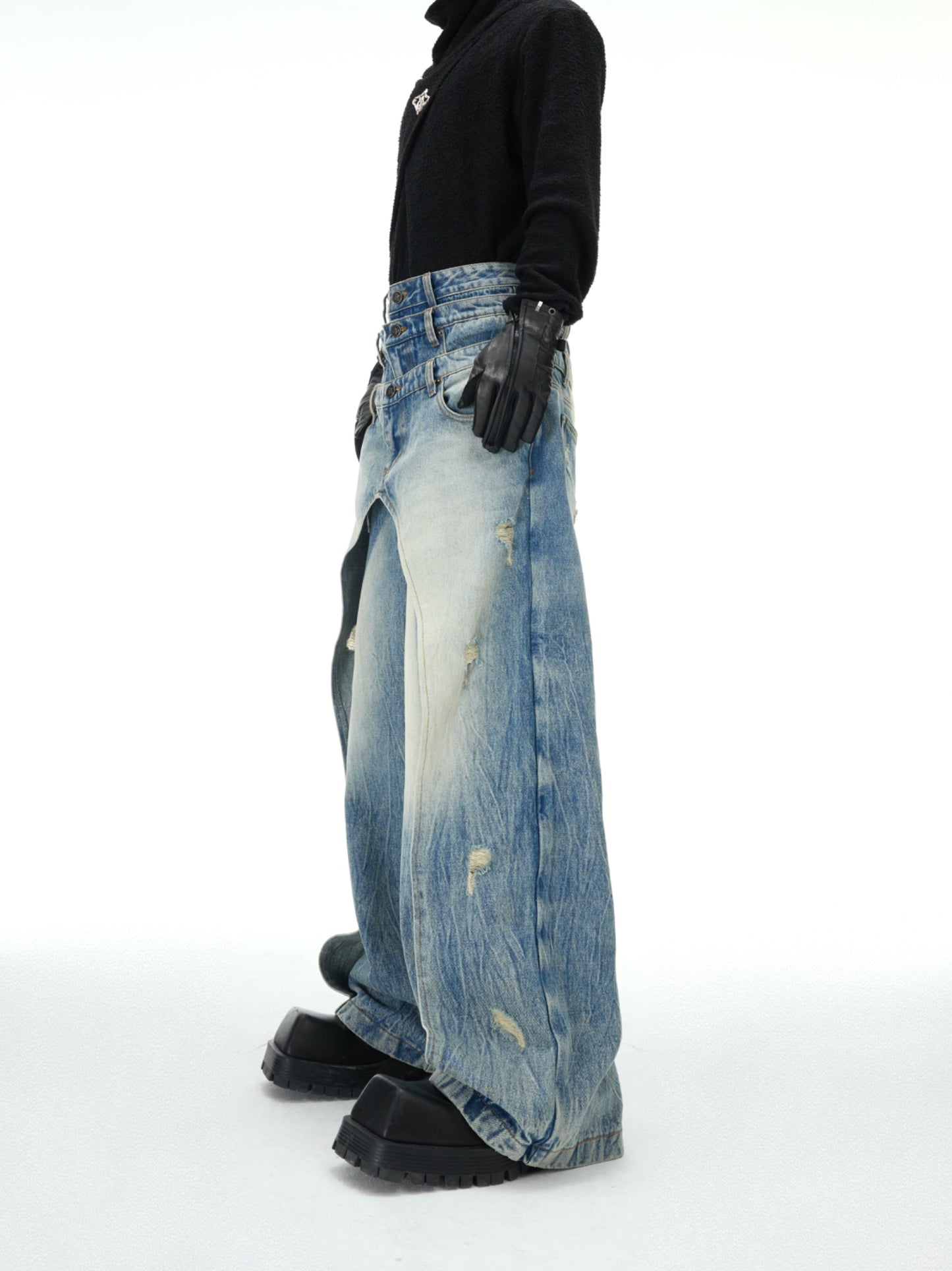 【25s Feb.】Washed Blue Jeans, Folded and Damaged Casual Pants