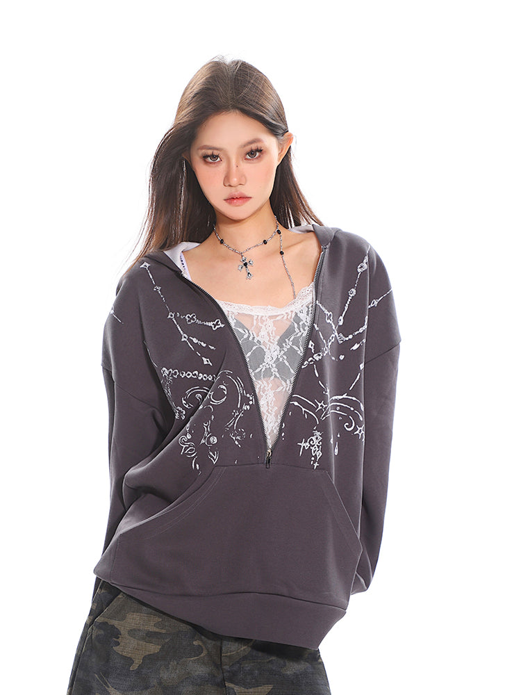 【25s Mar.】Lace-Panel Hollow-Out Hooded Sweatshirt