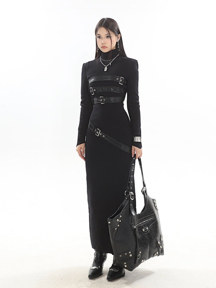 【23s November.】Knitted Patchwork Leather High-neck Slit Dress ArtsKoreanMan