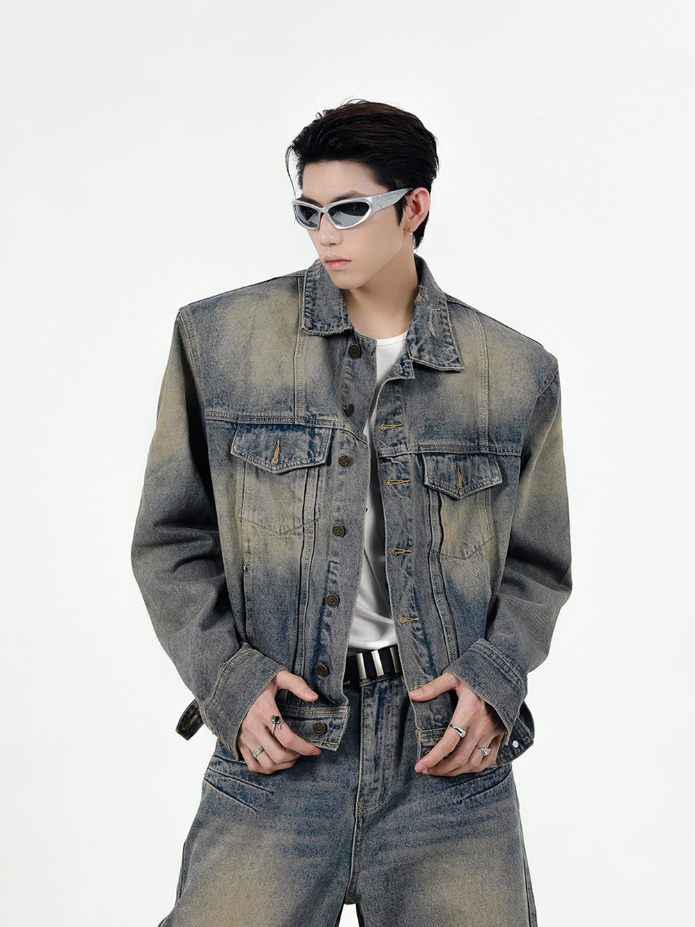 【24s Sep.】Retro Simple Padded Shoulder Denim Jacket Suit ArtsKoreanMan