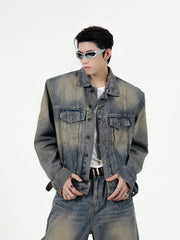 【24s Sep.】Retro Simple Padded Shoulder Denim Jacket Suit ArtsKoreanMan