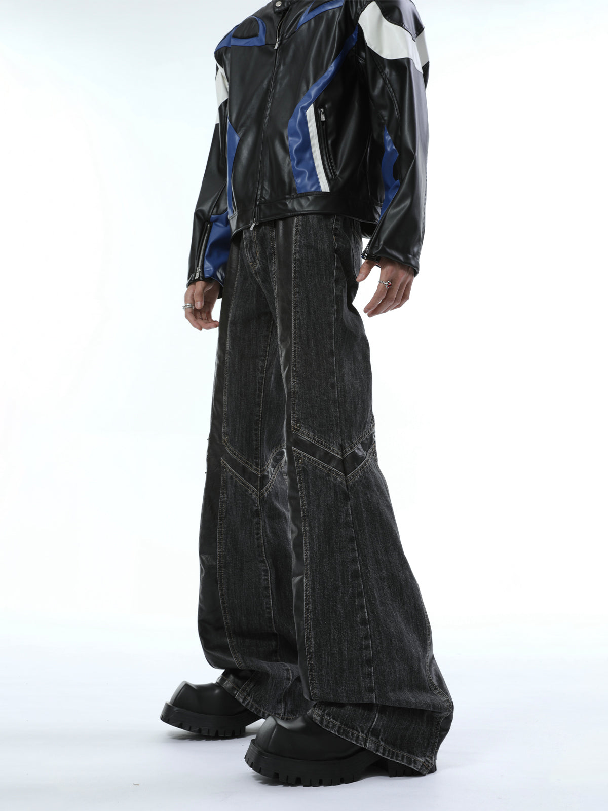 【25s Jan.】Vintage Washed Stitching PU Leather Jeans