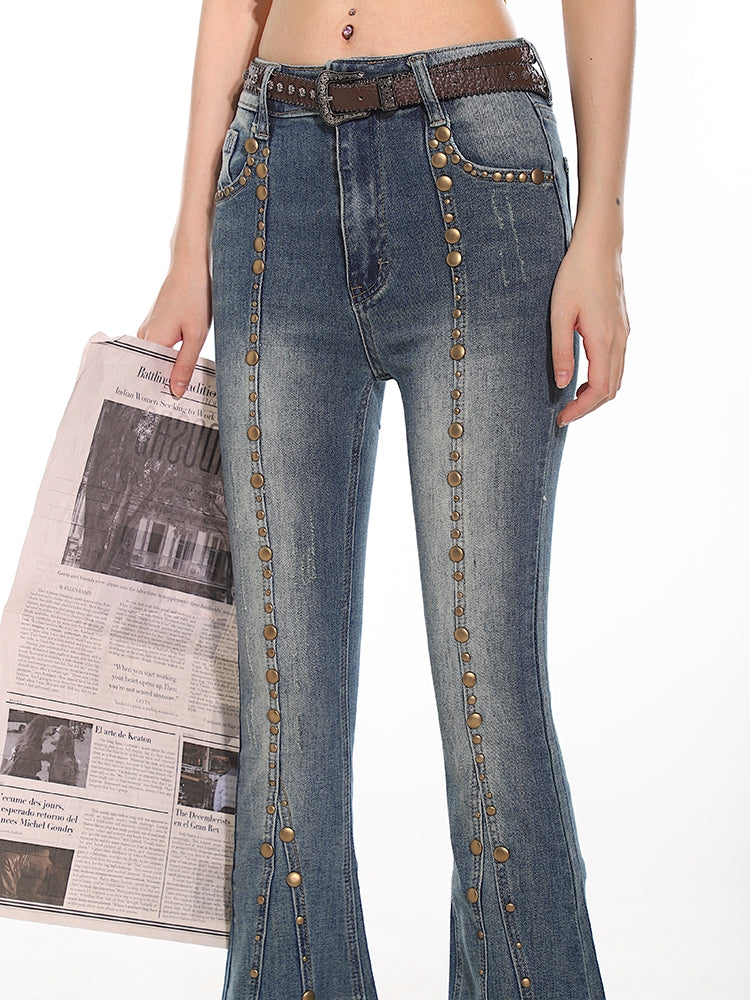 【24s Aug.】Retro Millennium Style Studded Stretch Denim Flare Pants