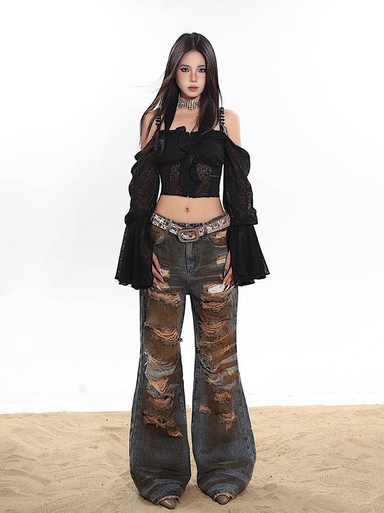 【24s January.】Lace See-through Belt Buckle Off-shoulder Top ArtsKoreanMan