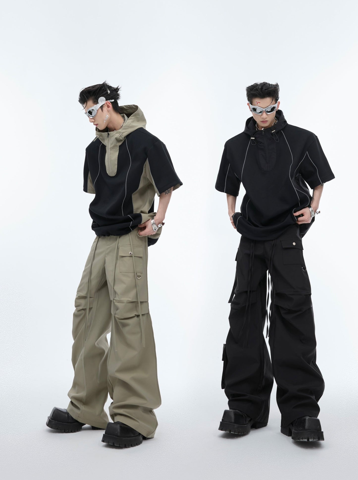 【24s June.】Deconstructed Patchwork Hooded T-shirt + Cargo Pants Suit