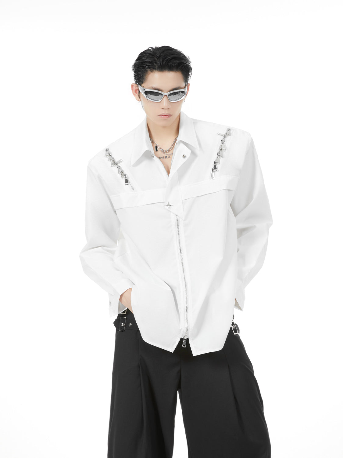 【24s Aug.】Niche Deconstructed Zipper Shoulder Pad Shirt