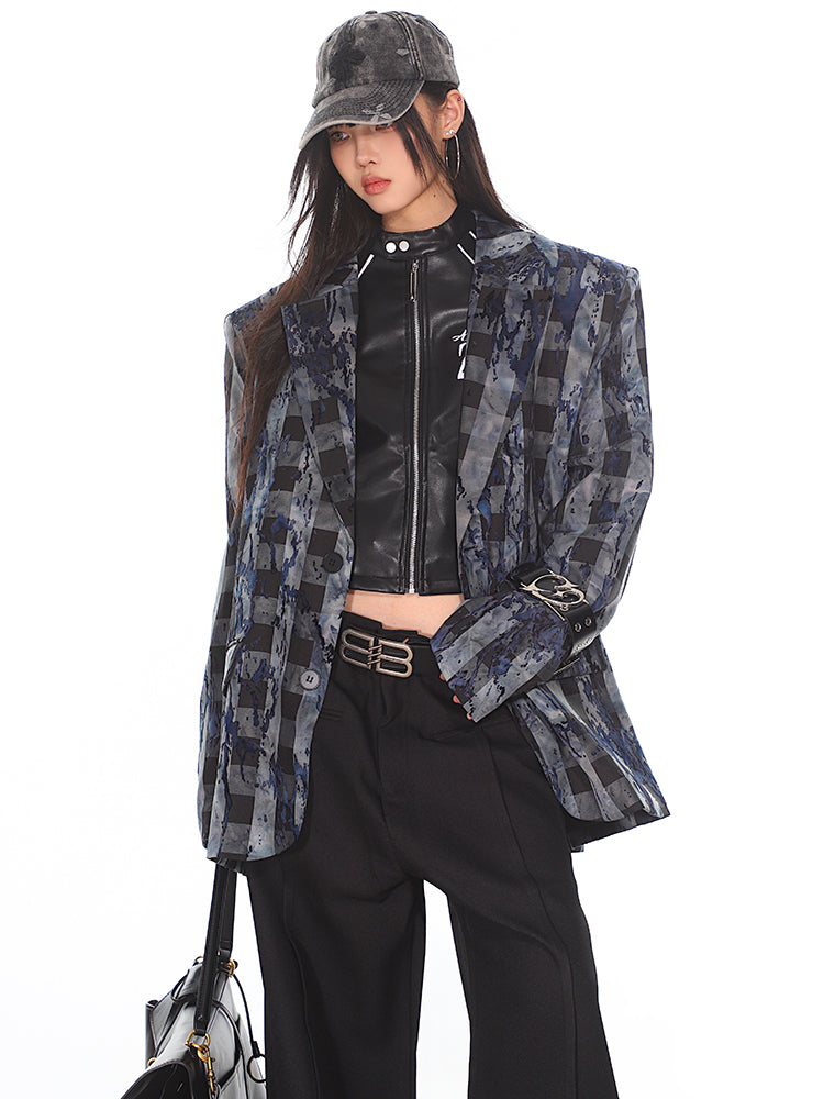 【24s Nov.】Niche Flame Flocked Plaid Suit Jacket ArtsKoreanMan