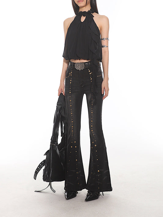 【24s Aug.】Retro Millennium Style Studded Stretch Denim Flare Pants