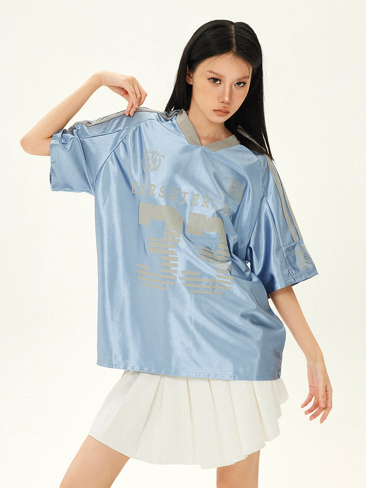【24s July.】V-neck Vintage Satin Blue Football Jersey ArtsKoreanMan