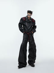 【24s Sep.】Pleated Spine Graphic Cropped Leather Biker Jacket ArtsKoreanMan