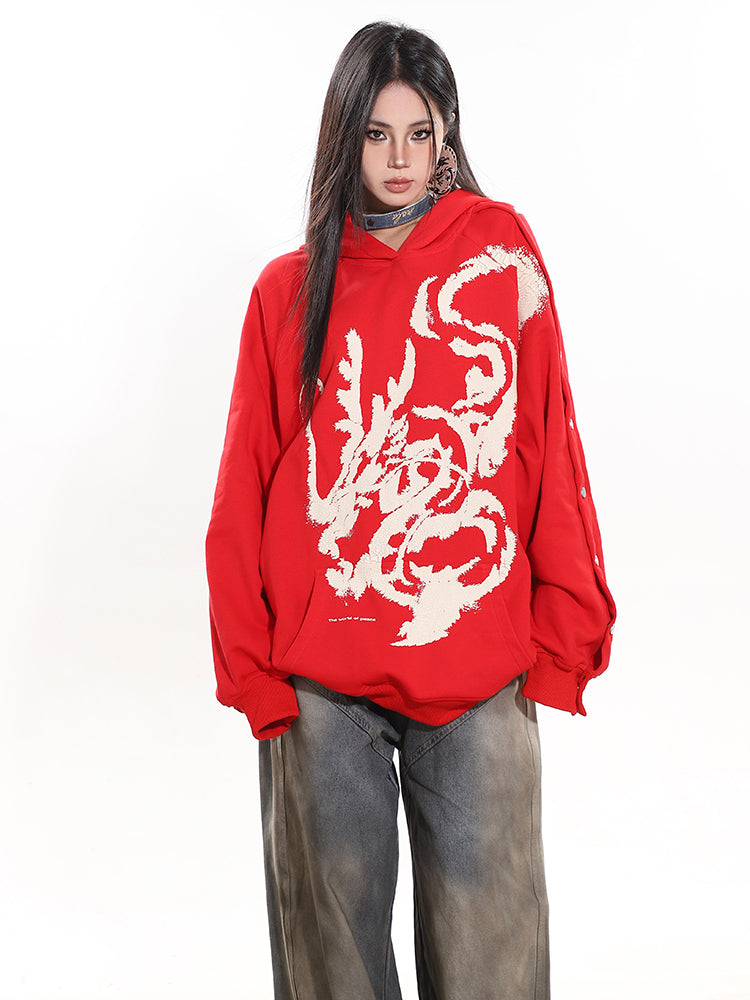 【24s February.】Dragon Pattern Cutout Hooded Sweatshirt