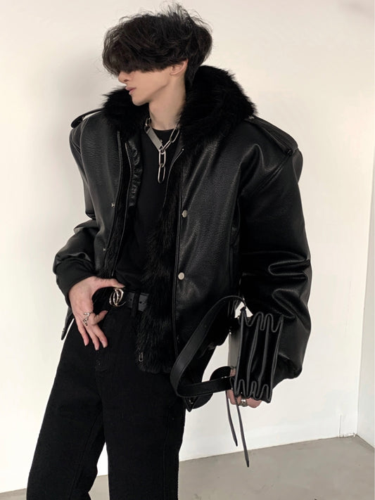 【23s December.】Fur Collar Fake Two Piece Hooded Leather Jacket