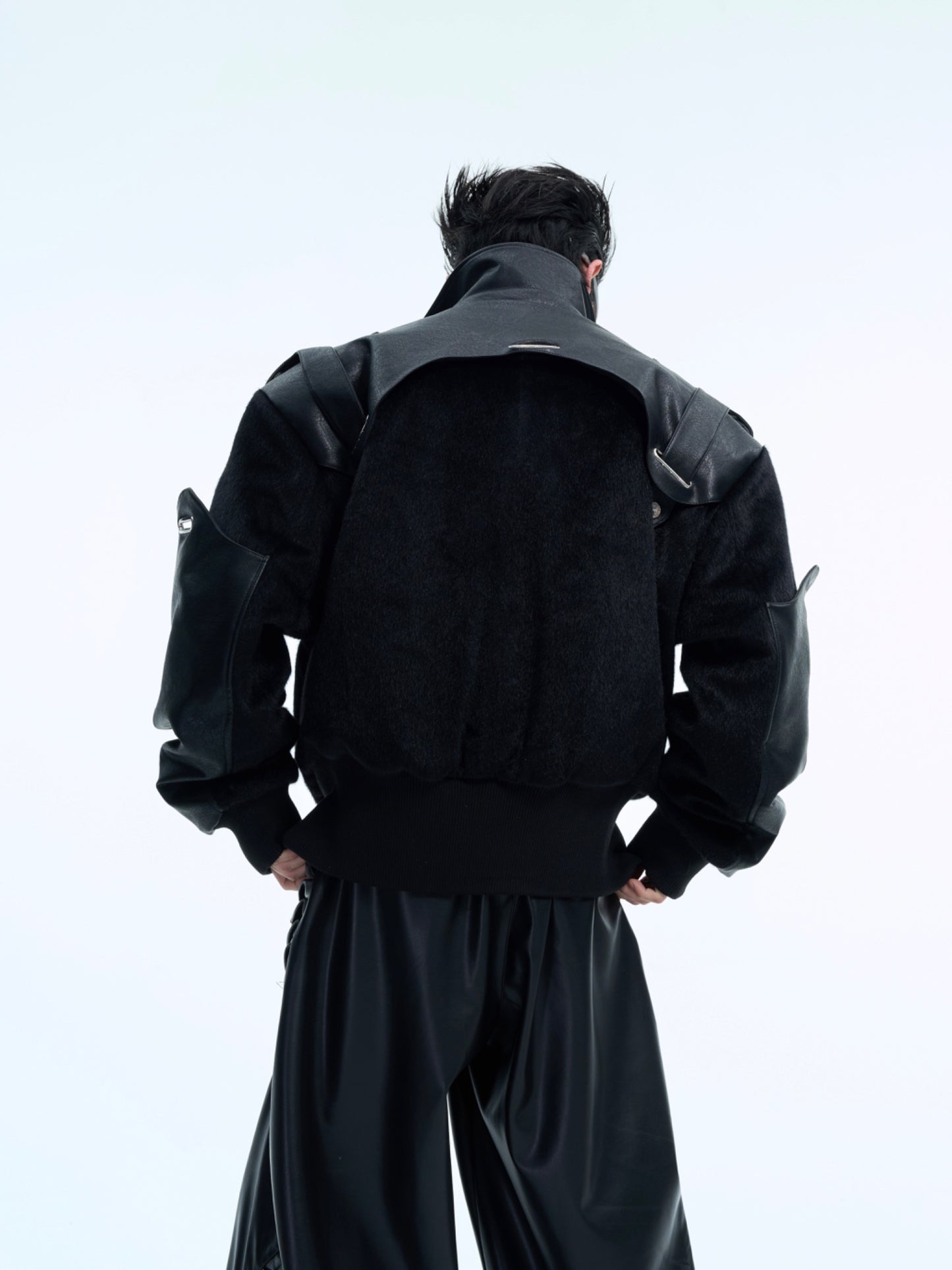 【24s Nov.】Deconstructed Double-layered Mecha PU Leather Patchwork Woolen Short Jacket