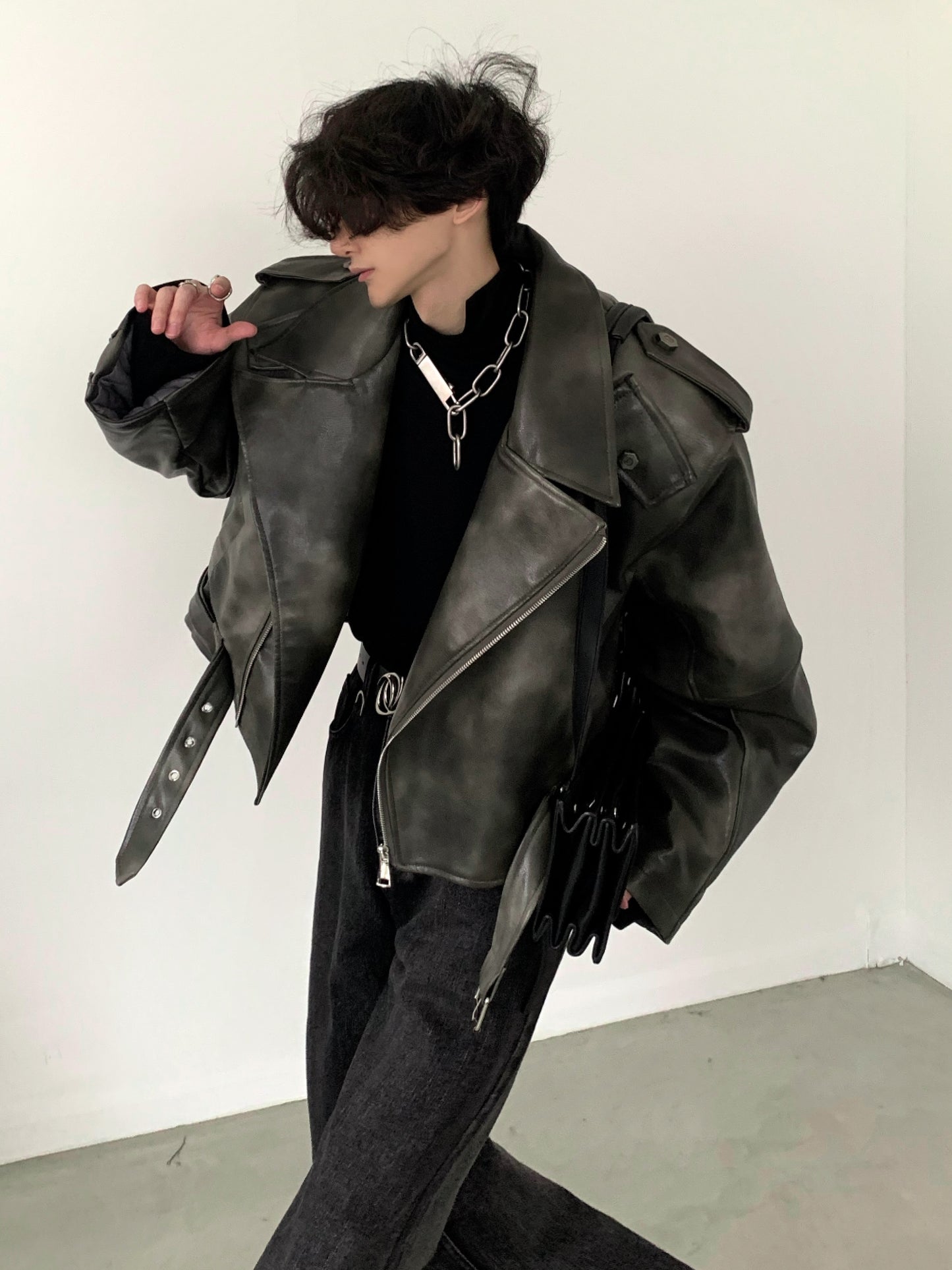 【23s November.】Motorcycle Silhouette Short Leather Jacket