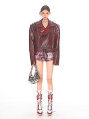 【24s Otc】Red Outline Niche Stand Collar Motorcycle Leather Jacket ArtsKoreanMan