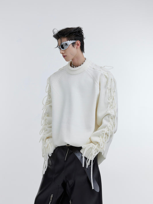 【23s October.】Pleated Crew Neck Sweater with Fringe Design
