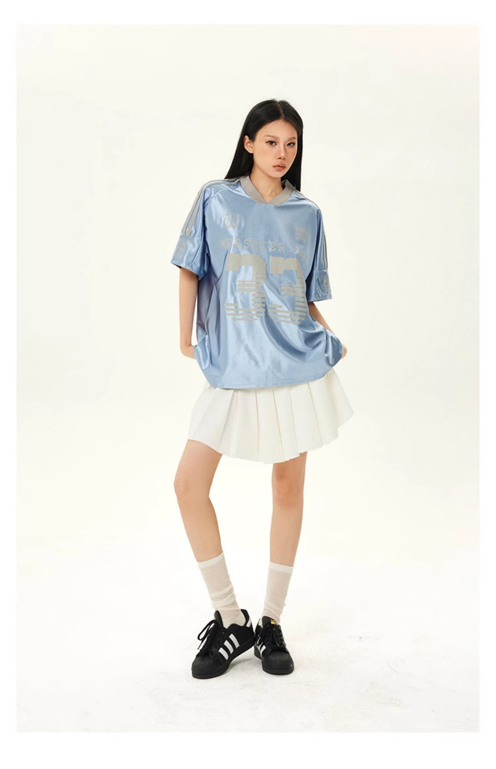 【24s July.】V-neck Vintage Satin Blue Football Jersey ArtsKoreanMan