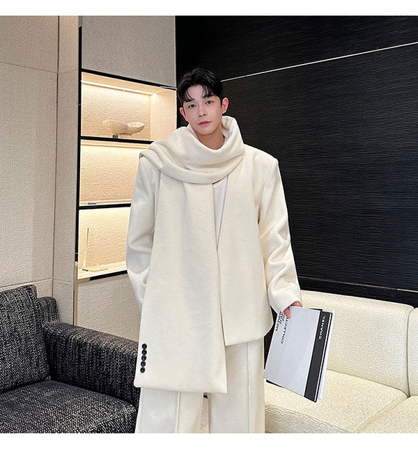 【24s Dec.】Heavy Woolen Collarless Suit, Scarf and Straight Pants Three-piece Suit ArtsKoreanMan