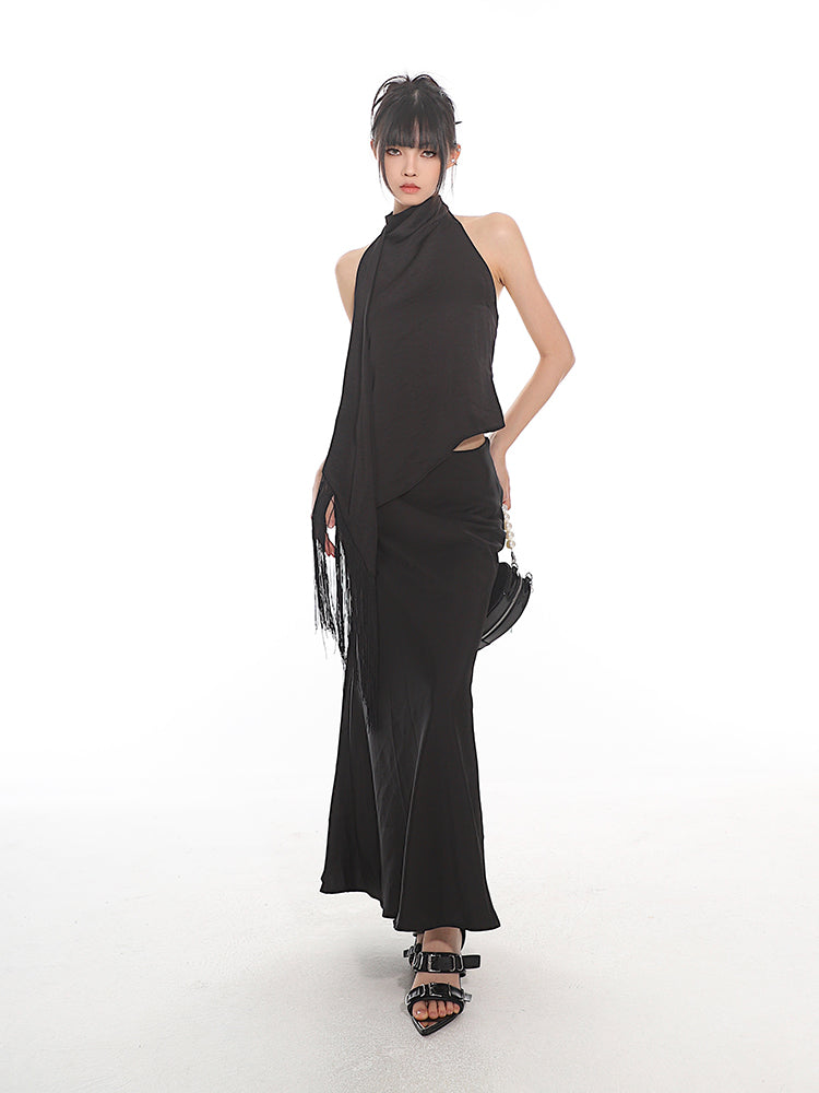 【24s Nov.】New Chinese Style Halter Neck Satin Backless Vest + Skirt Set