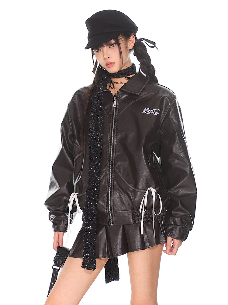 【24s Oct.】Niche Retro Bow Lapel Leather Jacket + Leather Skirt