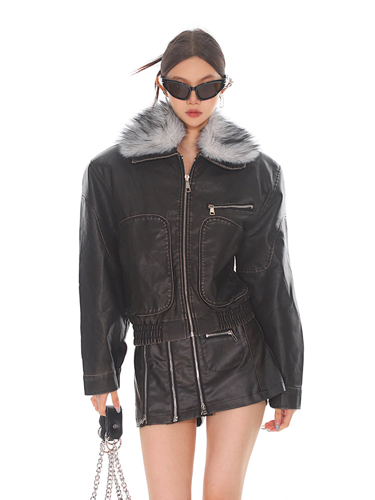 【24s Oct.】Vintage Detachable Fur Collar Short Motorcycle Jacket ArtsKoreanMan