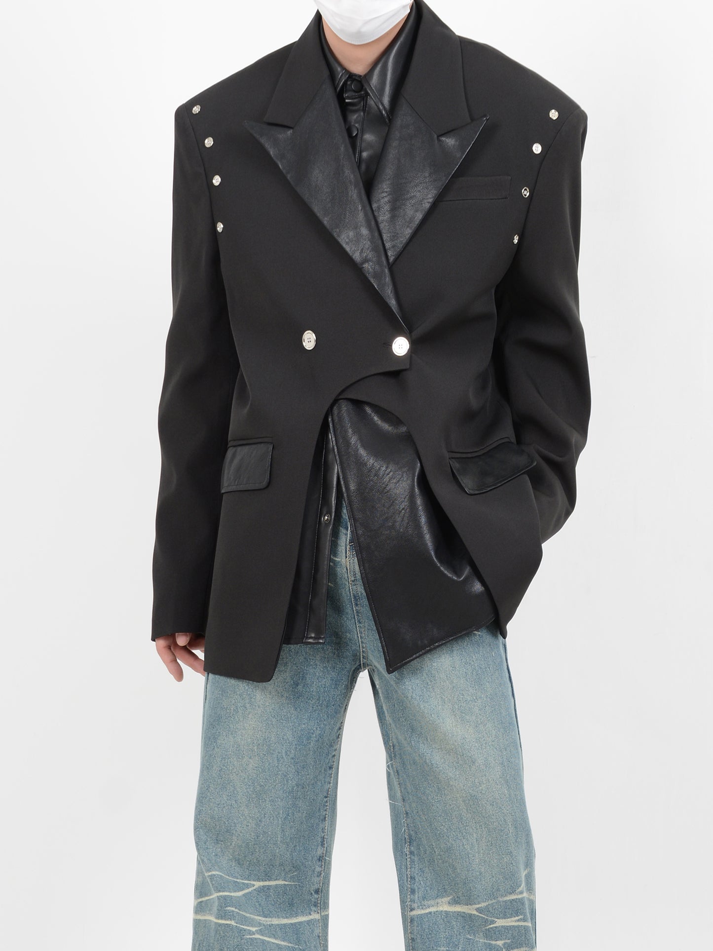 【24s January.】Irregular Splicing PU Leather Jacket