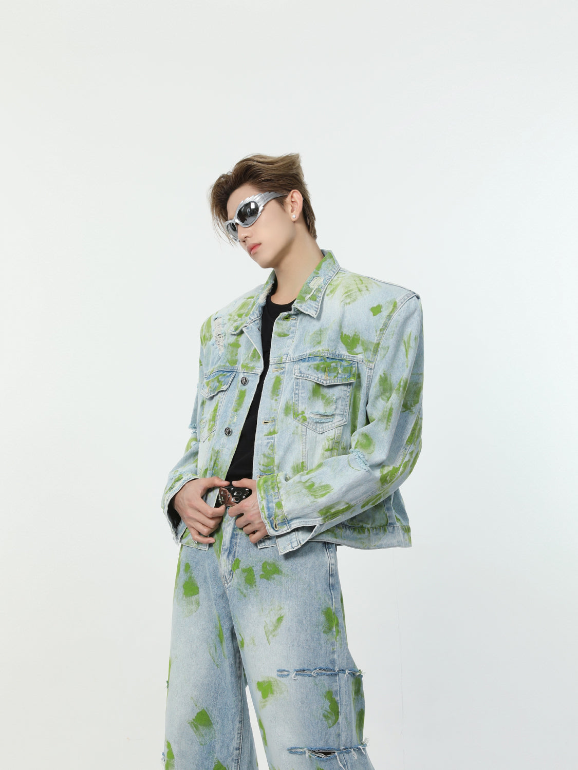 【24s June.】"Earth" Environmental Theme Graffiti Denim Jacket + Jeans