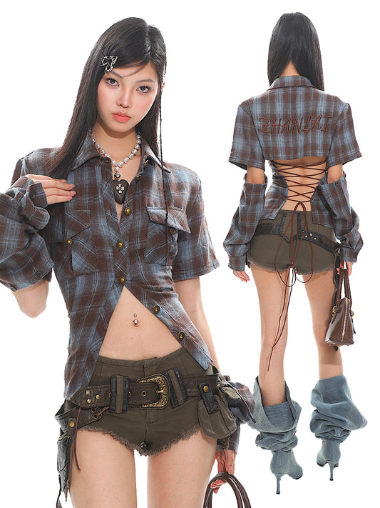 【25s Mar.】Plaid Backless Hollow Strap Detachable Shirt~