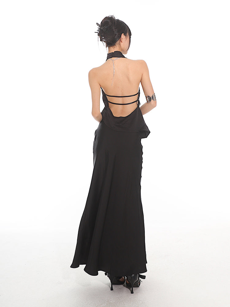 【24s Nov.】New Chinese Style Halter Neck Satin Backless Vest + Skirt Set