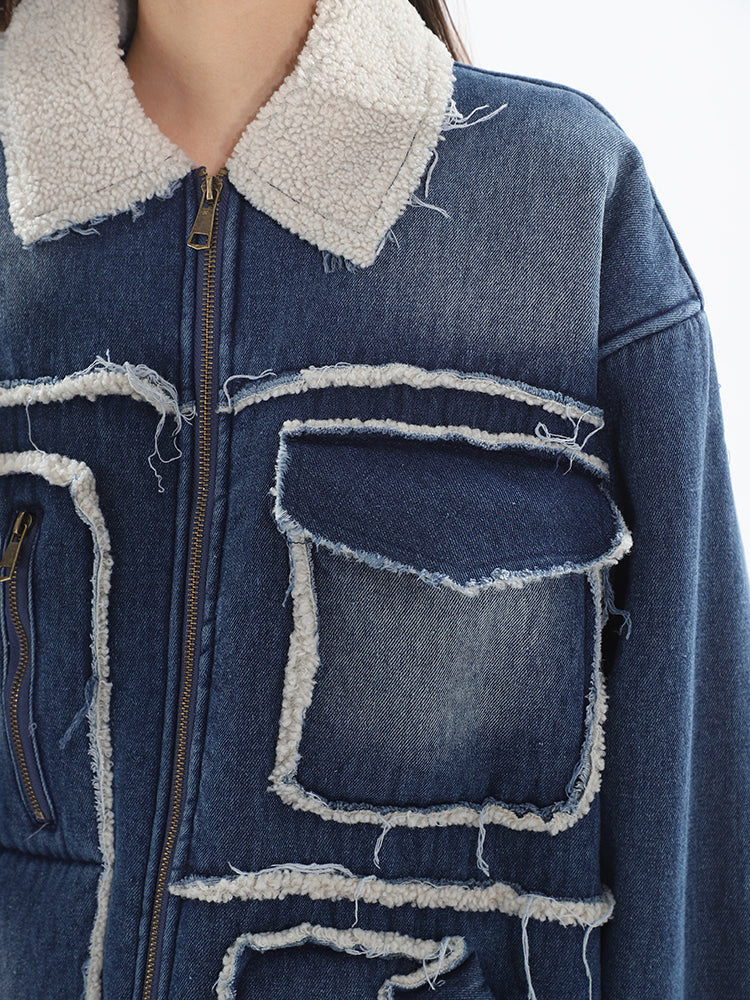 【23s January.】Distressed Washed Denim and Lambswool Jacket