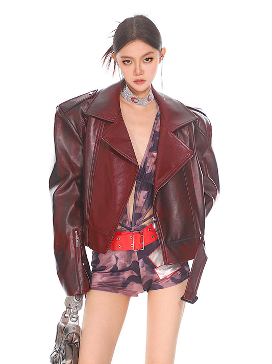 【24s Otc】Red Outline Niche Stand Collar Motorcycle Leather Jacket