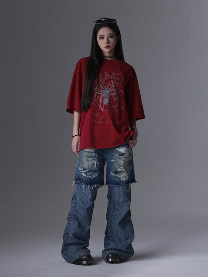 【24s April.】Pleated Patchwork Fake Two-piece Ripped Jeans