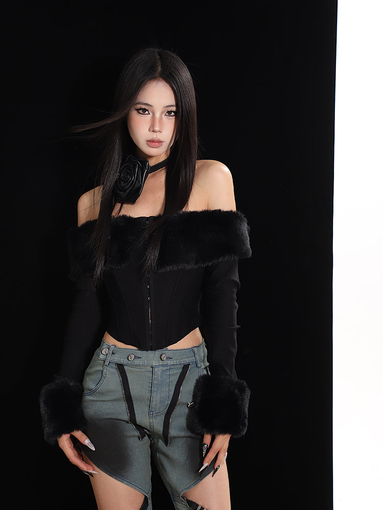 【24s January.】Fluffy Patchwork One-shoulder Top