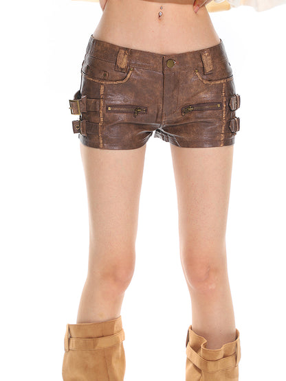 【25s Mar.】Washed Vintage Low-Rise PU Leather Shorts